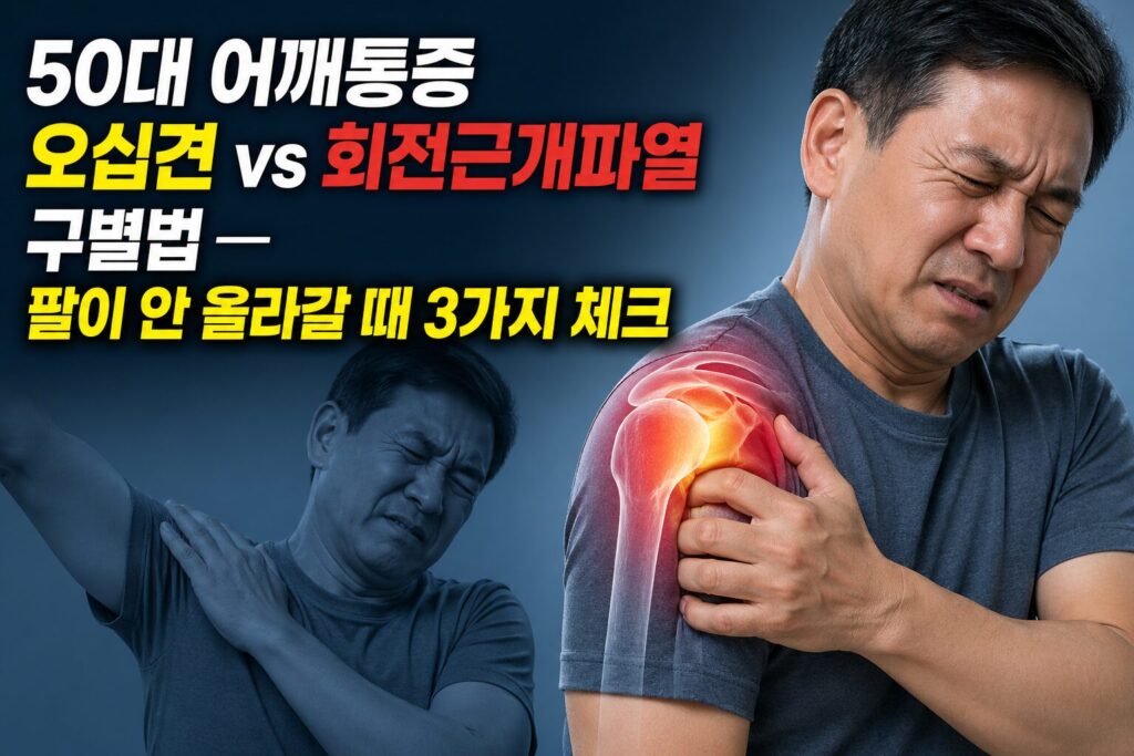 50대 어깨통증 오십견 vs 회전근개파열 구별법 — 팔이 안 올라갈 때 3가지 체크