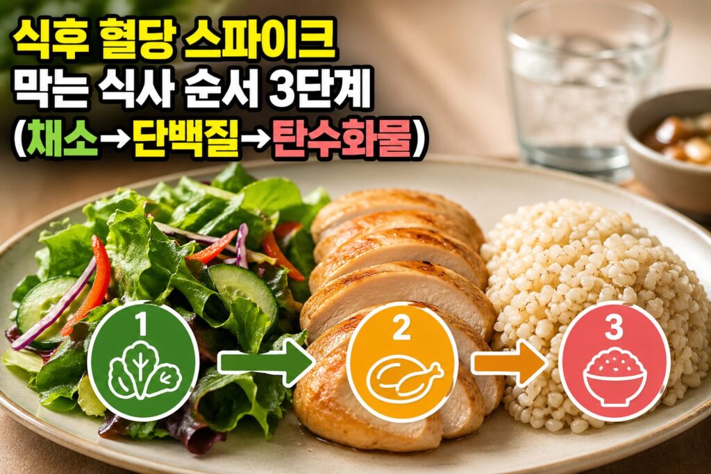 식후 혈당 스파이크 막는 식사 순서 3단계 (채소→단백질→탄수화물)