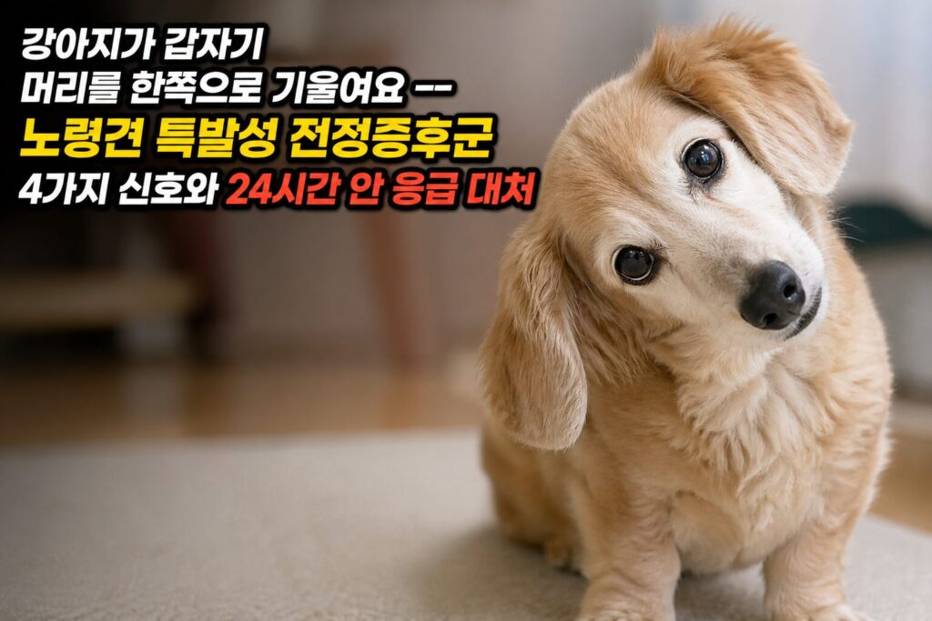 강아지가 갑자기 머리를 한쪽으로 기울여요 — 노령견 특발성 전정증후군 4가지 신호와 24시간 안 응급 대처
