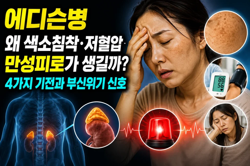 에디슨병 — 부신피질기능부전이 색소침착·저혈압·만성피로를 일으키는 4가지 기전과 부신위기 신호