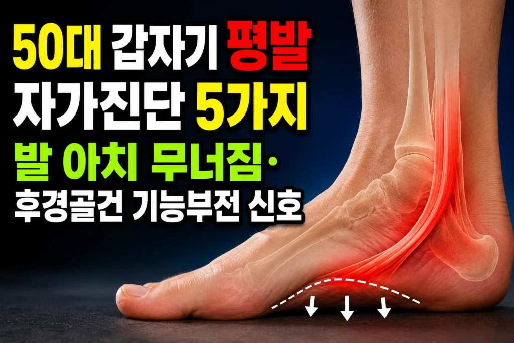50대 갑자기 평발 자가진단 5가지 — 발 아치 무너짐·후경골건 기능부전 신호