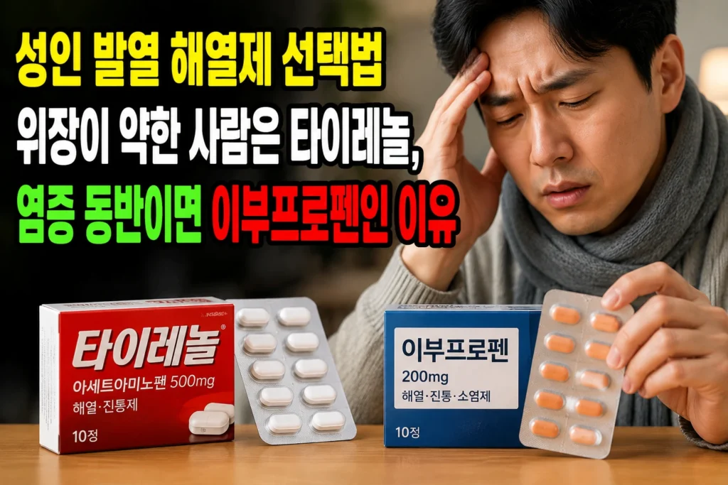 성인 발열 해열제 선택법 — 위장이 약한 사람은 타이레놀, 염증 동반이면 이부프로펜인 이유