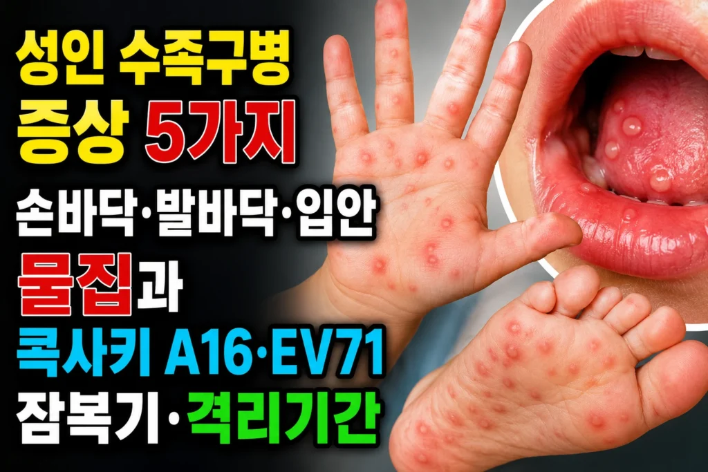 성인 수족구병 증상 5가지 — 손바닥·발바닥·입안 물집과 콕사키 A16·EV71 잠복기·격리기간