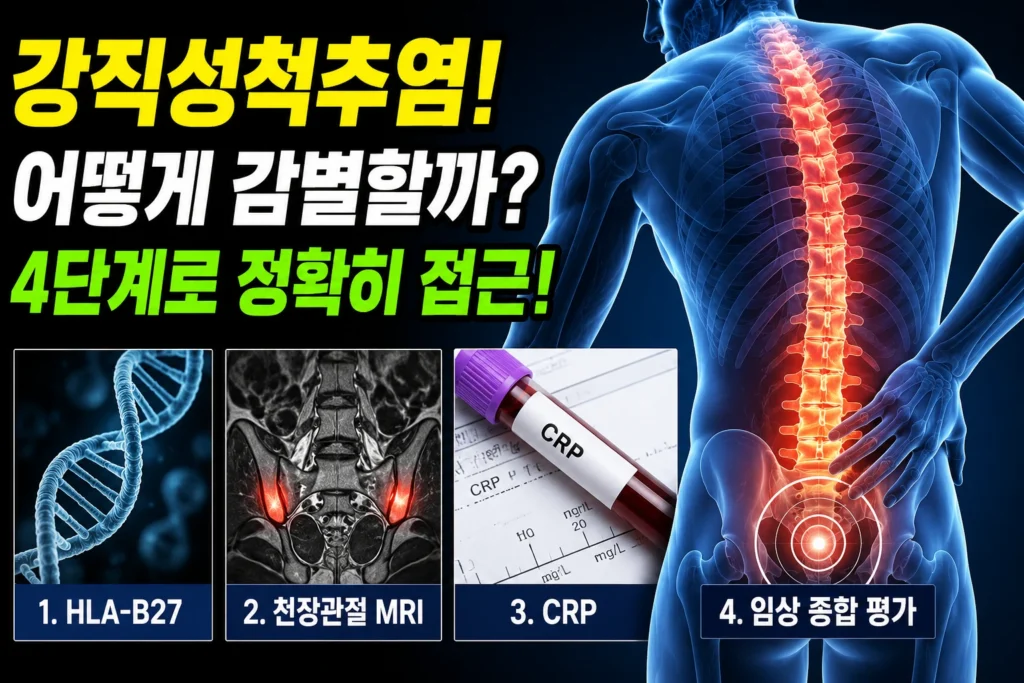 강직성척추염 — HLA-B27·천장관절 MRI·CRP로 척추관절병증 감별하는 4단계