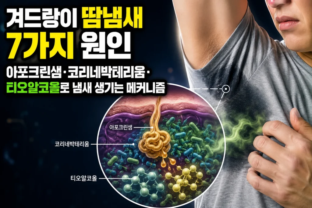 겨드랑이 땀냄새 7가지 원인 — 아포크린샘·코리네박테리움·티오알코올로 냄새 생기는 메커니즘