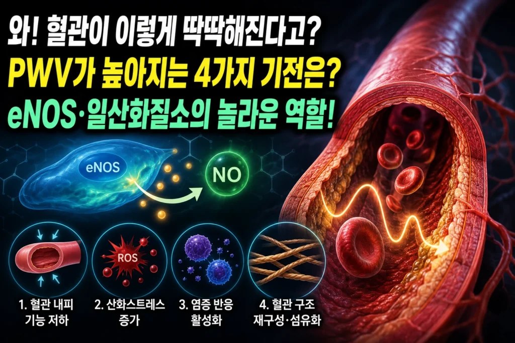 중년 동맥경직도 — 혈관내피 기능 저하가 PWV를 높이는 4가지 기전과 eNOS·일산화질소 역할