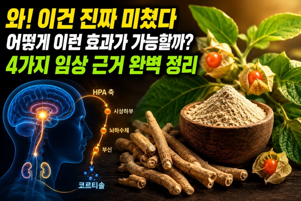 아쉬와간다 — 위타놀라이드·아답토젠이 HPA축을 통해 코르티솔·수면·활력에 미치는 4가지 임상 근거