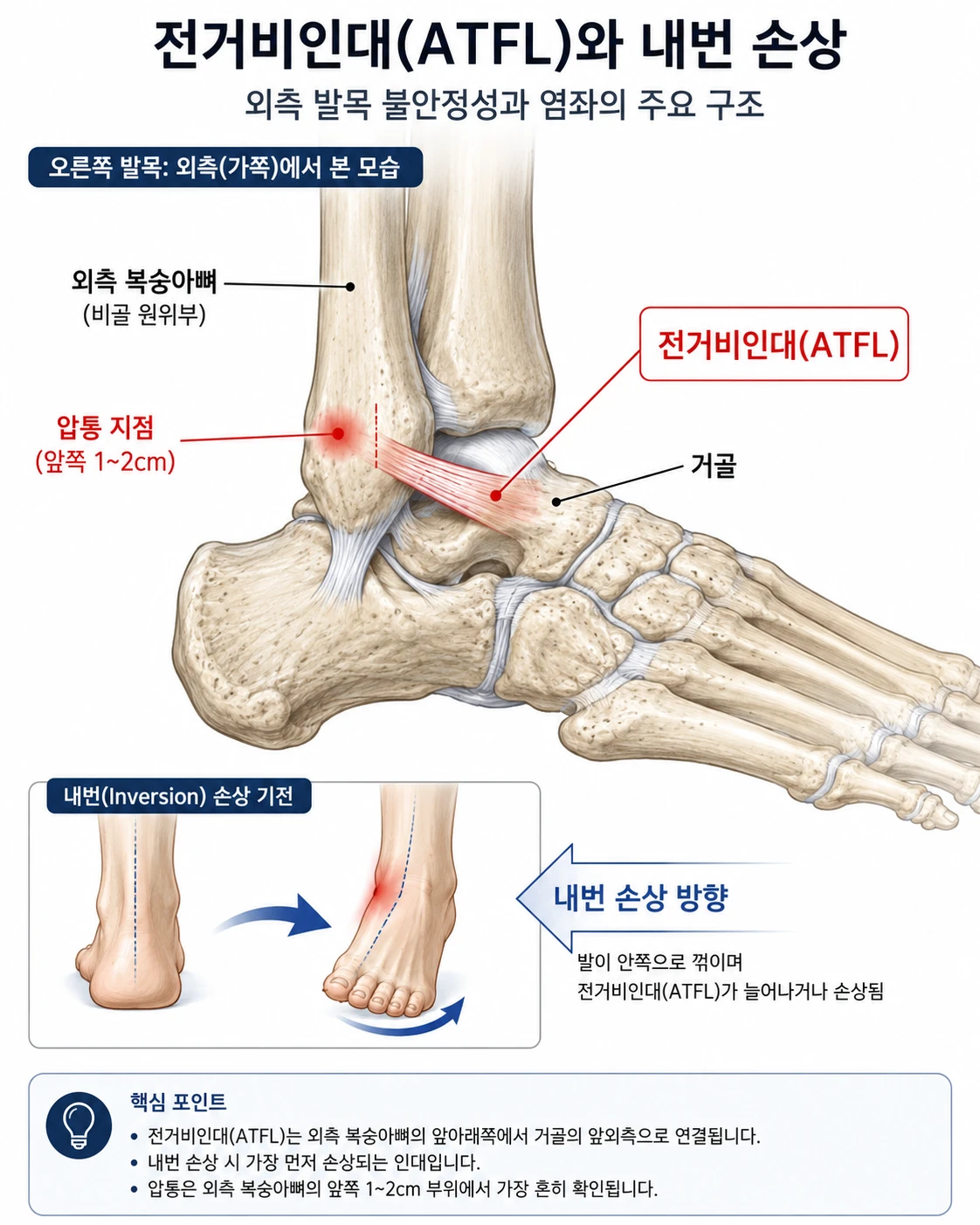 발목 전거비인대(ATFL) 해부 일러스트 — 외측 복숭아뼈와 거골 사이 ATFL 위치, 압통 지점(앞쪽 1~2cm), 내번 손상 방향을 화살표로 표시