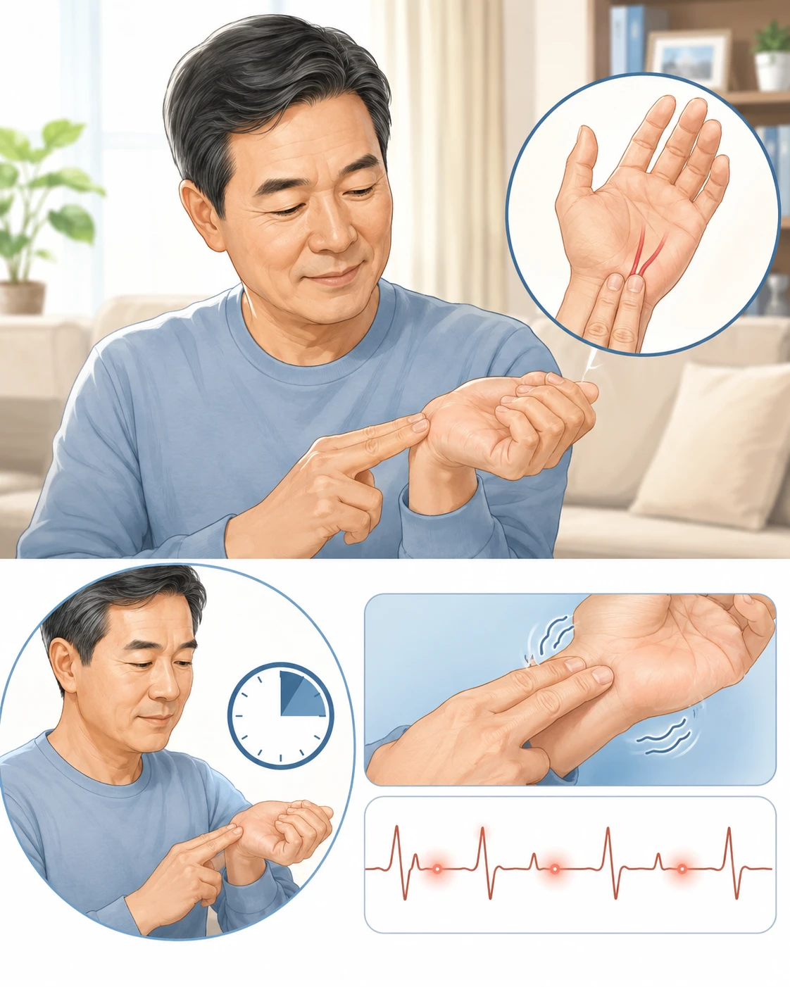 50대 중년 남성이 검지와 중지로 손목 요골동맥 맥박을 짚어 심방세동을 자가확인하는 모습
