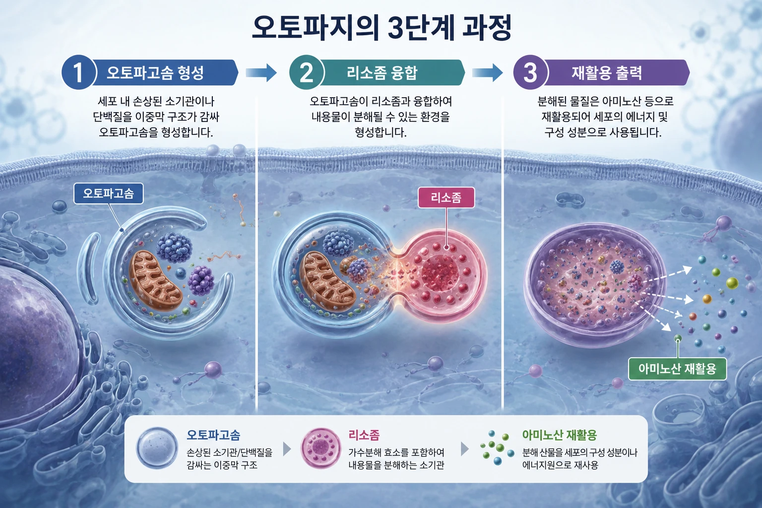 오토파지의 3단계 흐름도: 오토파고솜 형성, 리소좀 융합, 아미노산 재활용 출력을 세포 내부 배경으로 표현한 의학 일러스트