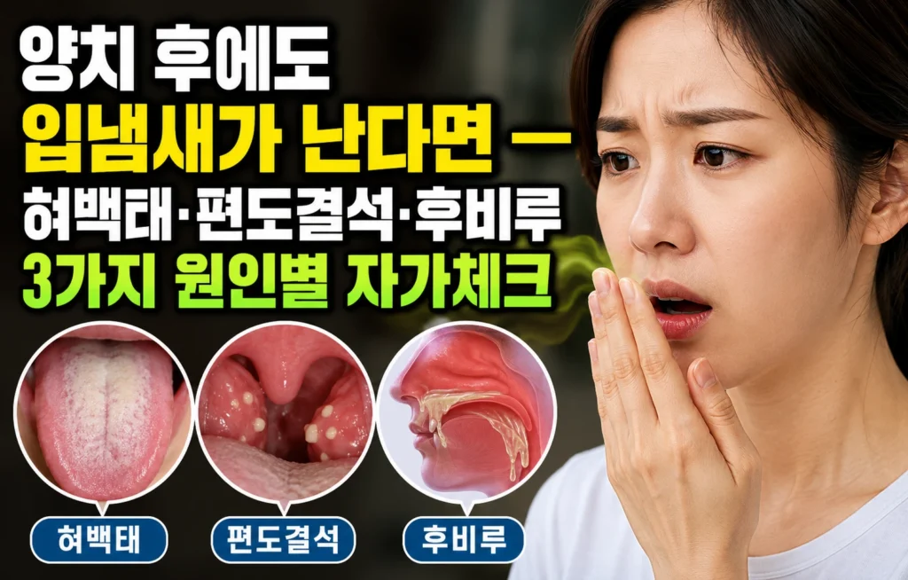 양치 후에도 입냄새가 난다면 — 혀백태·편도결석·후비루 3가지 원인별 자가체크