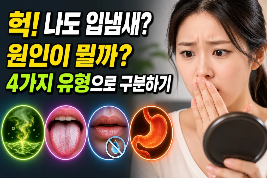 구취 자가진단 — 황화수소·혀 백태·구강건조·위장 신호로 입냄새 원인 4가지 구분하기