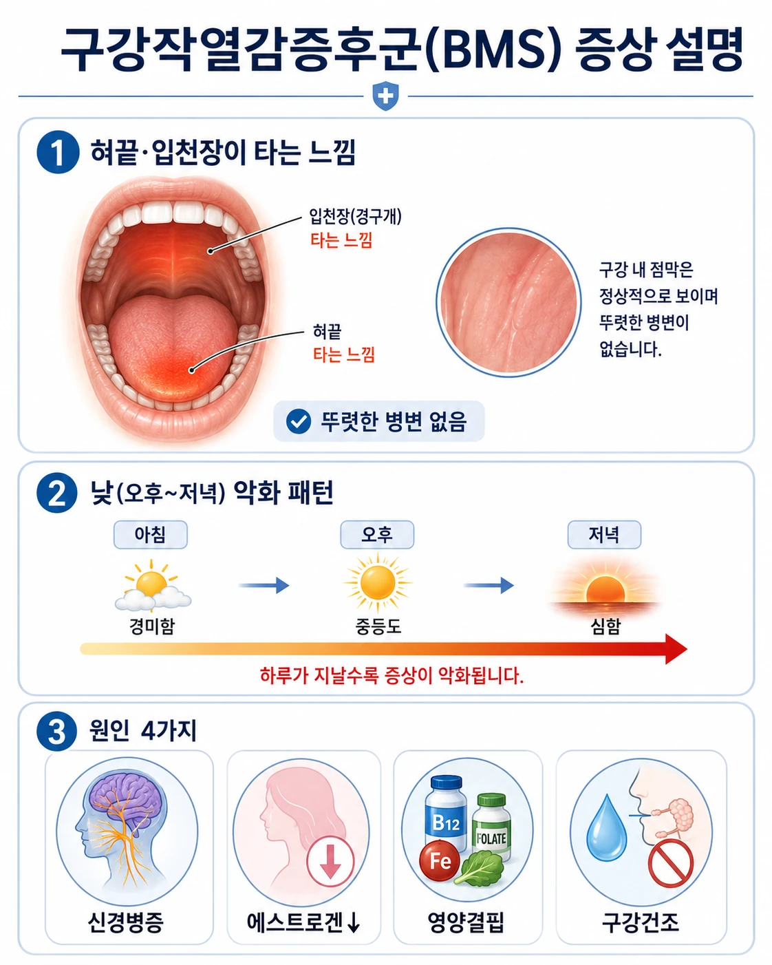 구강작열감증후군 증상 3가지를 설명한 인포그래픽 — 혀끝·입천장 타는 느낌, 오후~저녁 악화 패턴, 신경병증·에스트로겐 저하·영양결핍·구강건조 원인 4가지 아이콘
