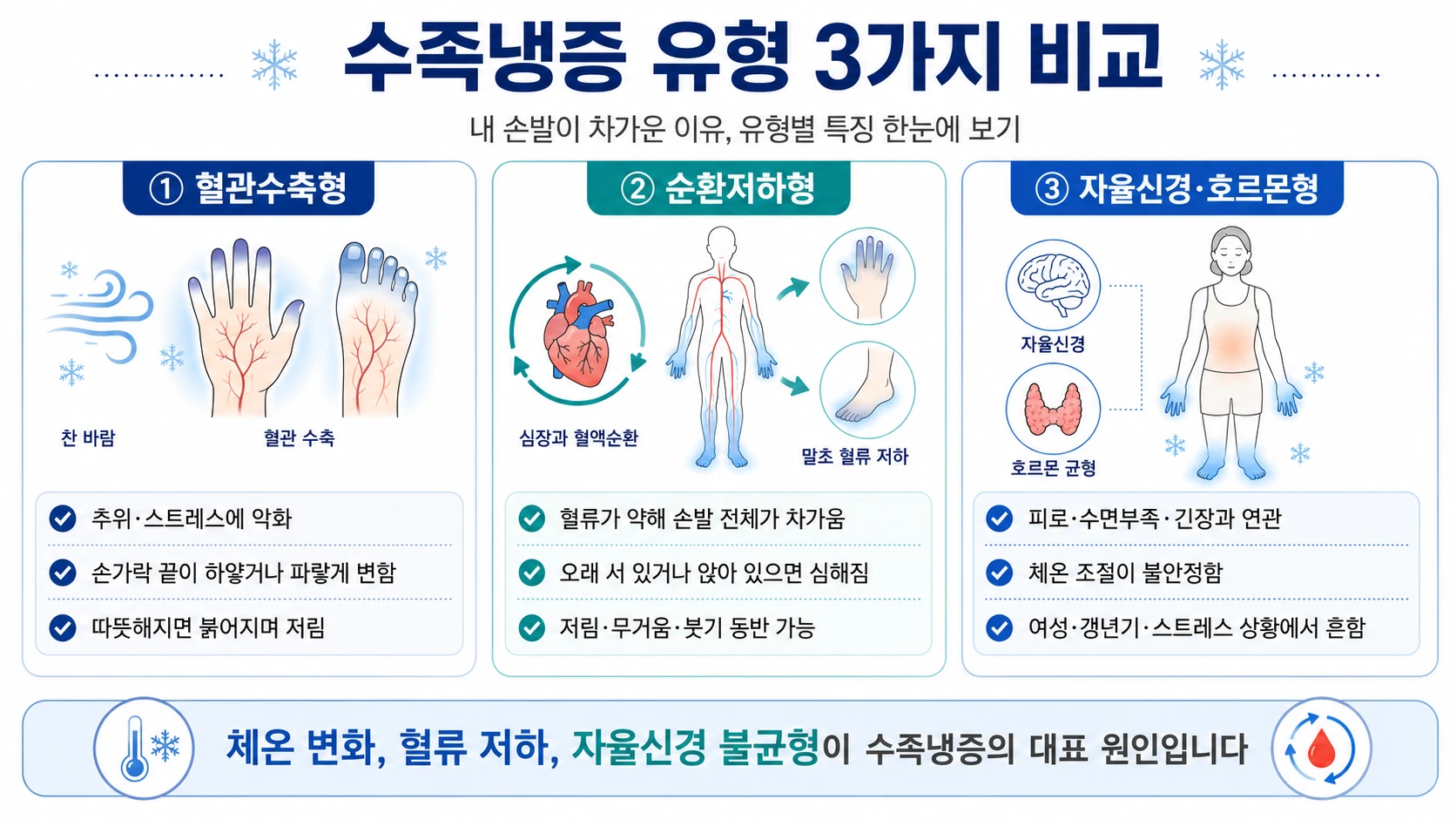 수족냉증 유형 3가지(혈관수축형·순환저하형·자율신경호르몬형) 특징을 비교한 의학 인포그래픽