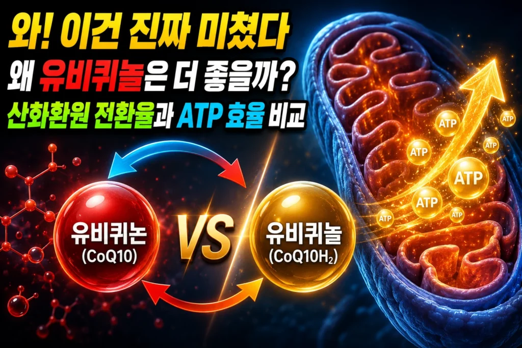 코엔자임Q10 유비퀴놀 vs 유비퀴논 — 산화환원 전환율과 미토콘드리아 ATP 생성 효율 비교