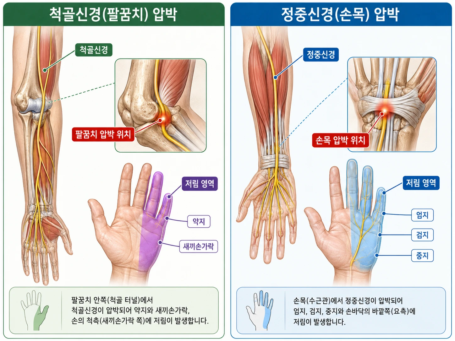 팔꿈치 척골신경 압박으로 약지·새끼손가락이 저리는 주관증후군과 손목 정중신경 압박으로 엄지·검지·중지가 저리는 손목터널증후군의 신경 경로 비교 일러스트
