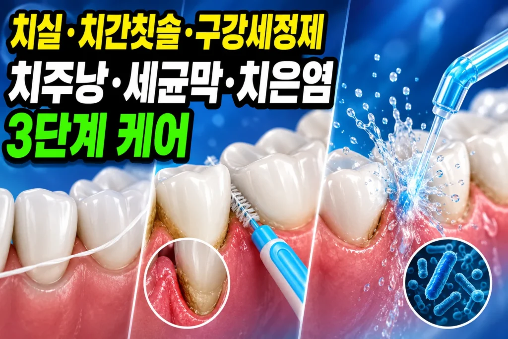 치실·치간칫솔·구강세정제 — 치주낭·세균막·치은염 3단계 케어