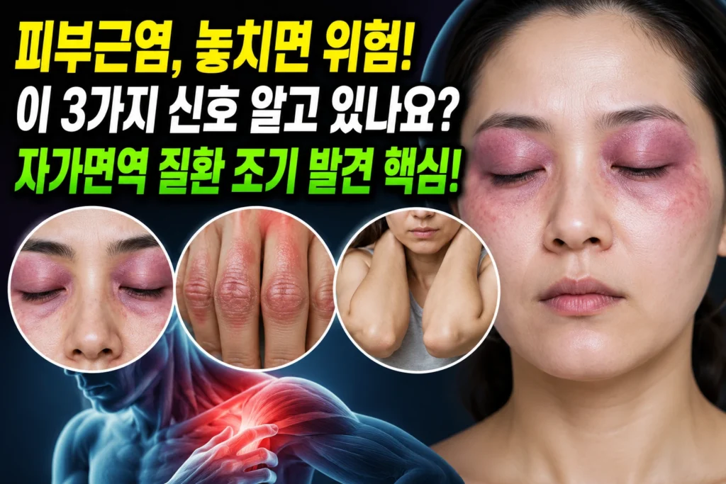 피부근염(dermatomyositis) — 헬리오트로프 발진·고트론 구진·근위약 3가지 피부근 자가면역 신호