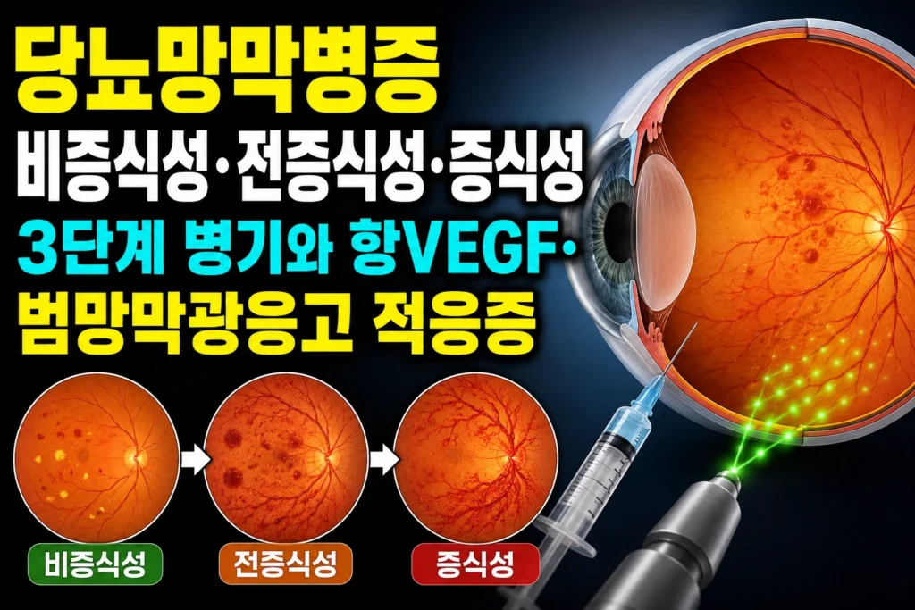 당뇨망막병증 — 비증식성·전증식성·증식성 3단계 병기와 항VEGF·범망막광응고 적응증