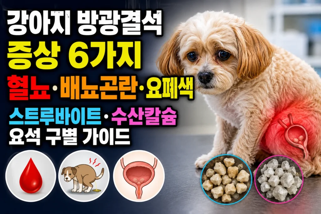 강아지 방광결석 증상 6가지 — 혈뇨·배뇨곤란·요폐색, 스트루바이트·수산칼슘 요석 구별 가이드