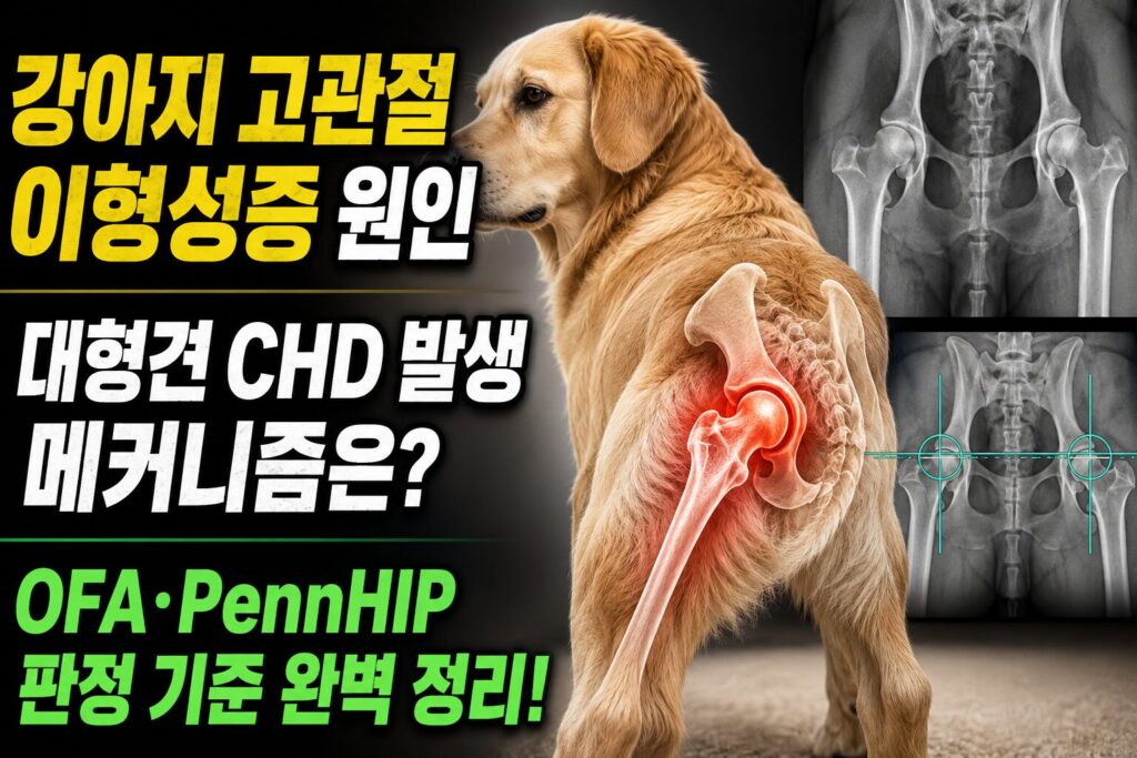 강아지 고관절 이형성증 원인 — 대형견 CHD 발생 메커니즘과 OFA·PennHIP 판정 기준
