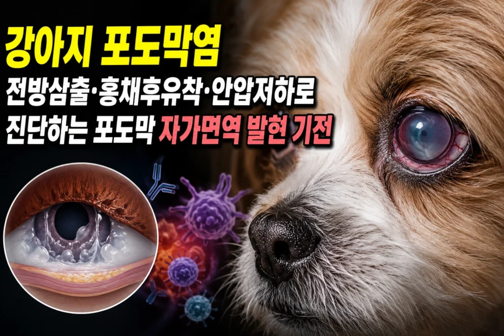 강아지 포도막염 — 전방삼출·홍채후유착·안압저하로 진단하는 포도막 자가면역 발현 기전