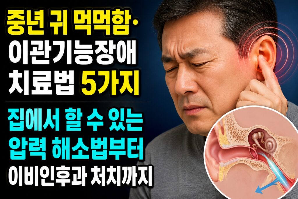 중년 귀 먹먹함·이관기능장애 치료법 5가지 — 집에서 할 수 있는 압력 해소법부터 이비인후과 처치까지