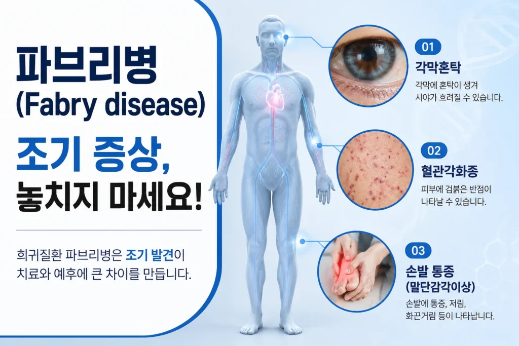 파브리병 — 혈관각화종·각막혼탁·말단감각이상 3가지 X-연관 리소좀 축적 소견과 효소대체요법·샤페론 치료 선택
