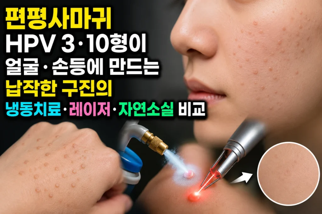 편평사마귀 — HPV 3·10형이 얼굴·손등에 만드는 납작한 구진의 냉동치료·레이저·자연소실 비교