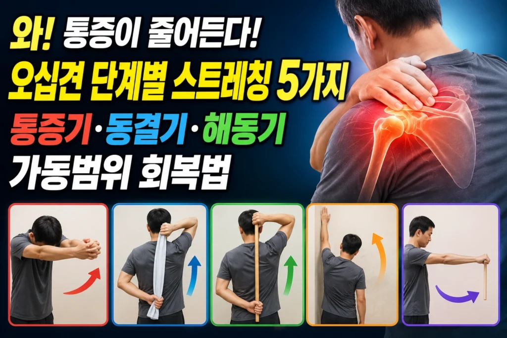오십견 단계별 스트레칭 5가지 — 통증기·동결기·해동기 가동범위 회복법