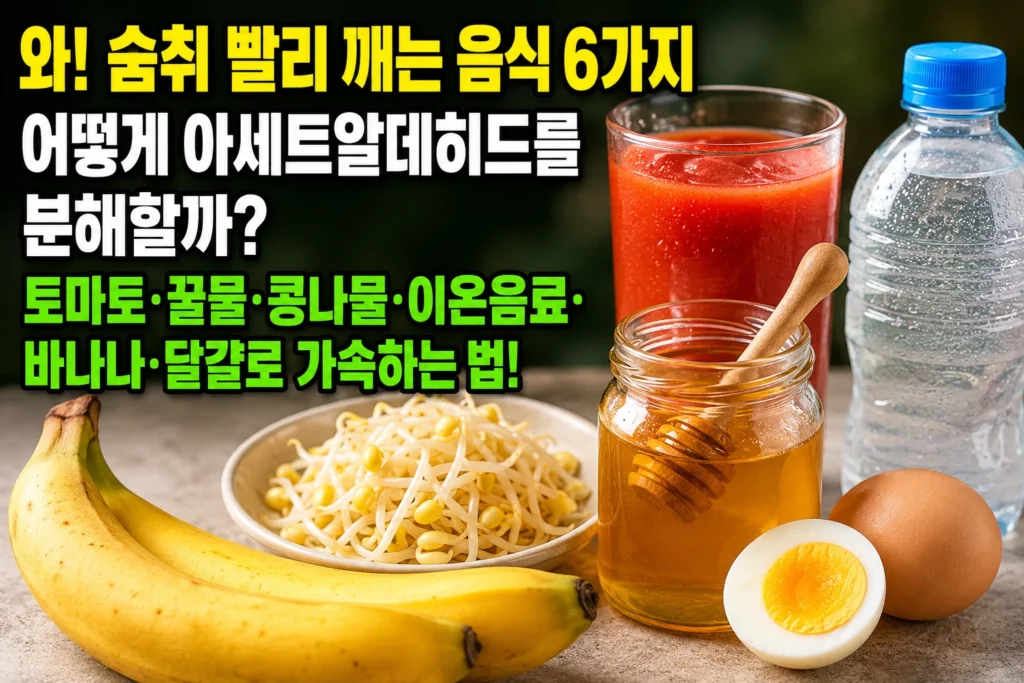 숙취 빨리 깨는 음식 6가지 — 토마토주스·꿀물·콩나물·이온음료·바나나·달걀로 아세트알데히드 분해 가속하는 법