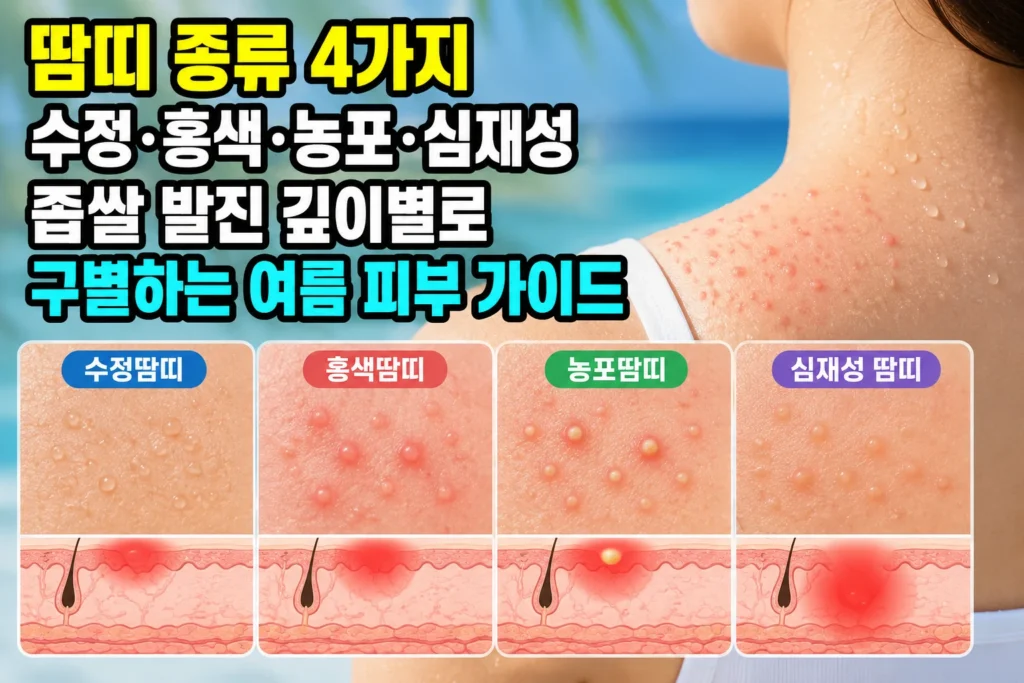 땀띠 종류 4가지 — 수정·홍색·농포·심재성 좁쌀 발진 깊이별로 구별하는 여름 피부 가이드