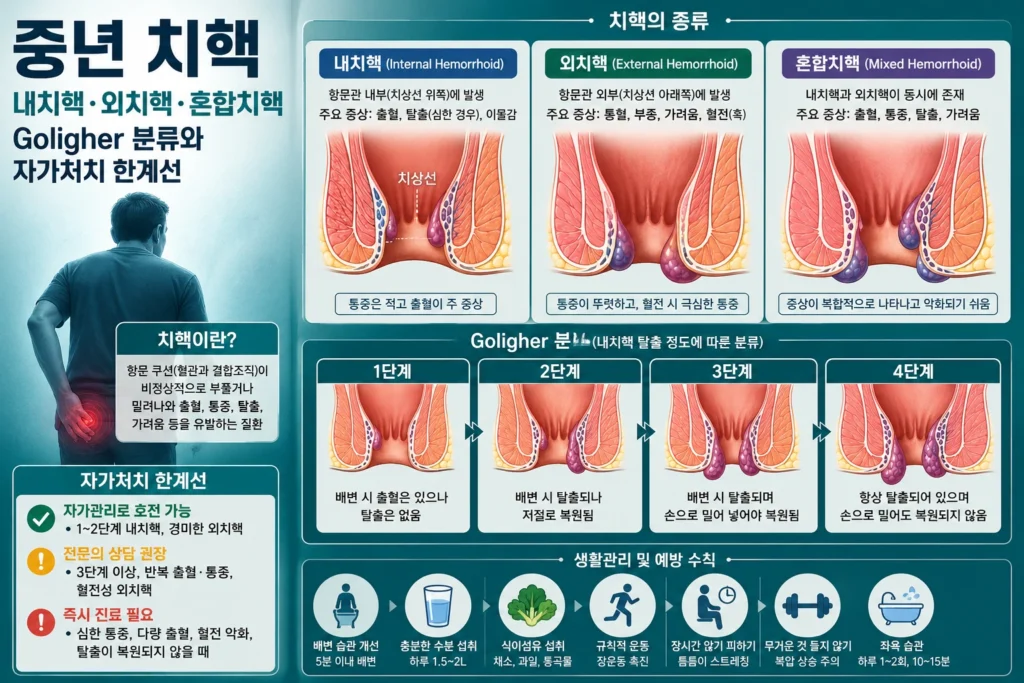 중년 치핵 — 내치핵·외치핵·혼합치핵 Goligher 분류와 자가처치 한계선