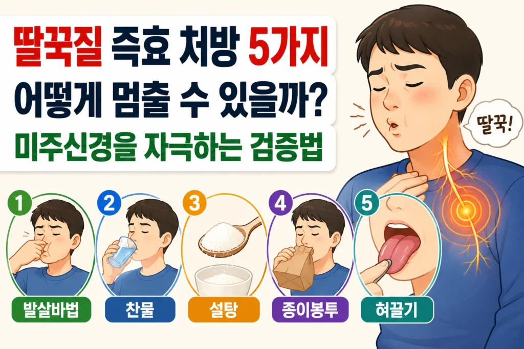 딸꾹질 즉효 처방 5가지 — 발살바·찬물·설탕·종이봉투·혀끌기로 미주신경 자극 검증법