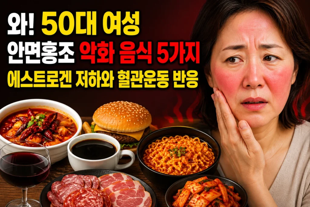 50대 여성 안면홍조 악화 음식 5가지 — 에스트로겐 저하와 혈관운동 반응