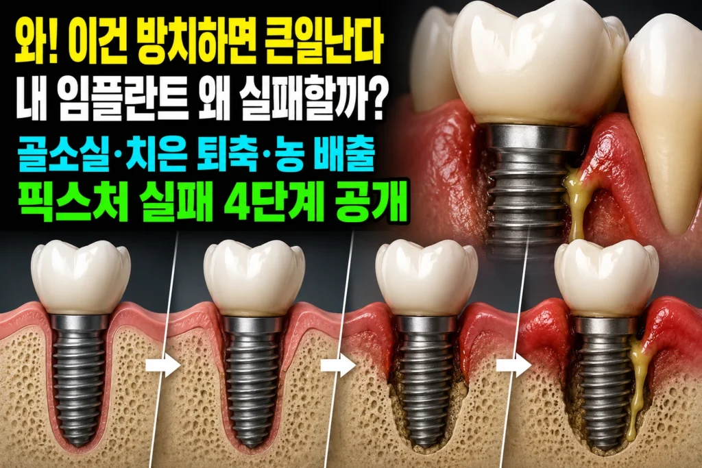 임플란트 주위염 — 골소실·치은 퇴축·농 배출로 알아보는 픽스처 실패 4단계