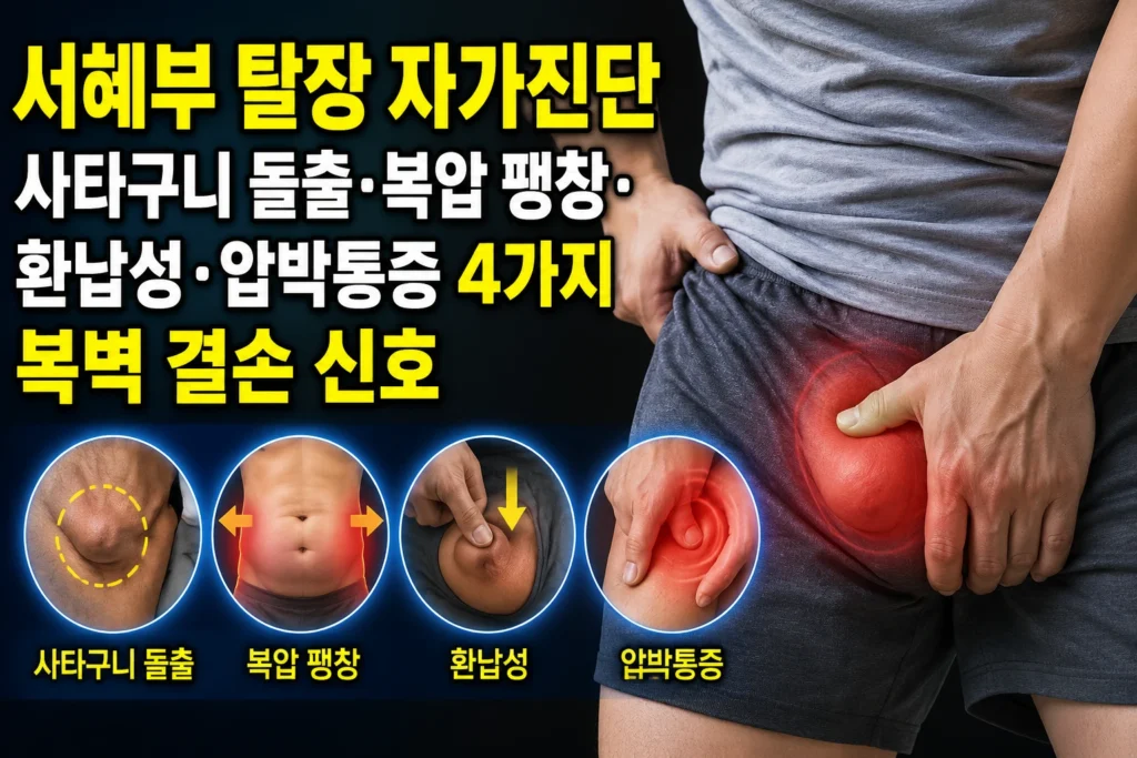 서혜부 탈장 자가진단 — 사타구니 돌출·복압 팽창·환납성·압박통증 4가지 복벽 결손 신호