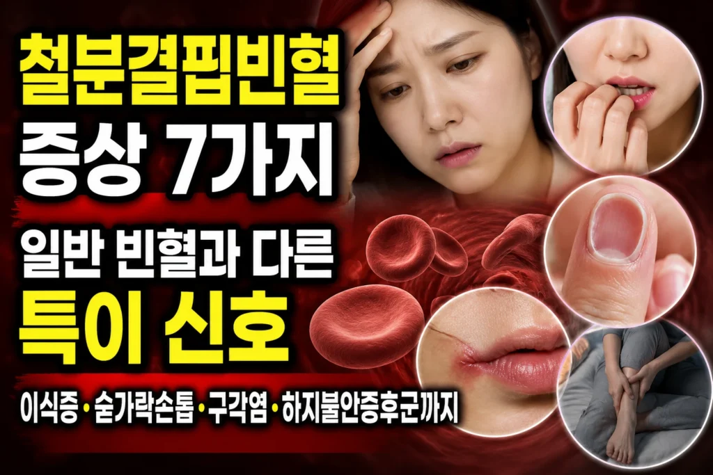 철분결핍빈혈 증상 7가지 — 이식증·숟가락손톱·구각염·하지불안증후군까지 일반 빈혈과 다른 특이 신호