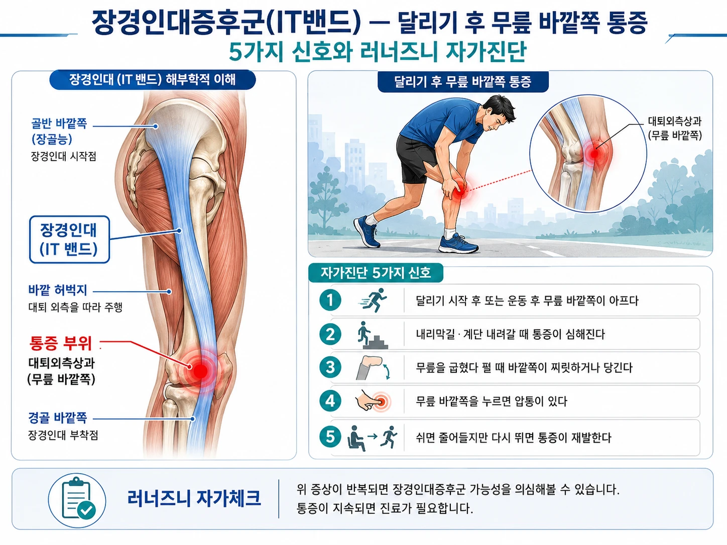 장경인대(IT밴드) 해부학적 위치와 달리기 후 무릎 바깥쪽 통증 5가지 신호 인포그래픽