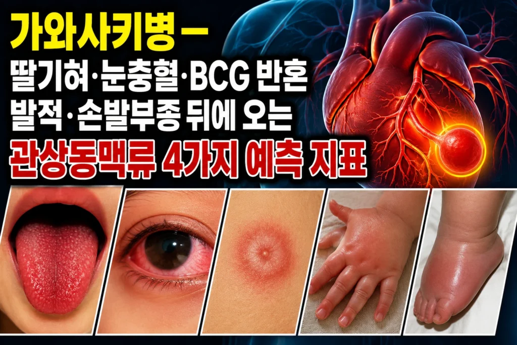 가와사키병 — 딸기혀·눈충혈·BCG 반흔 발적·손발부종 뒤에 오는 관상동맥류 4가지 예측 지표