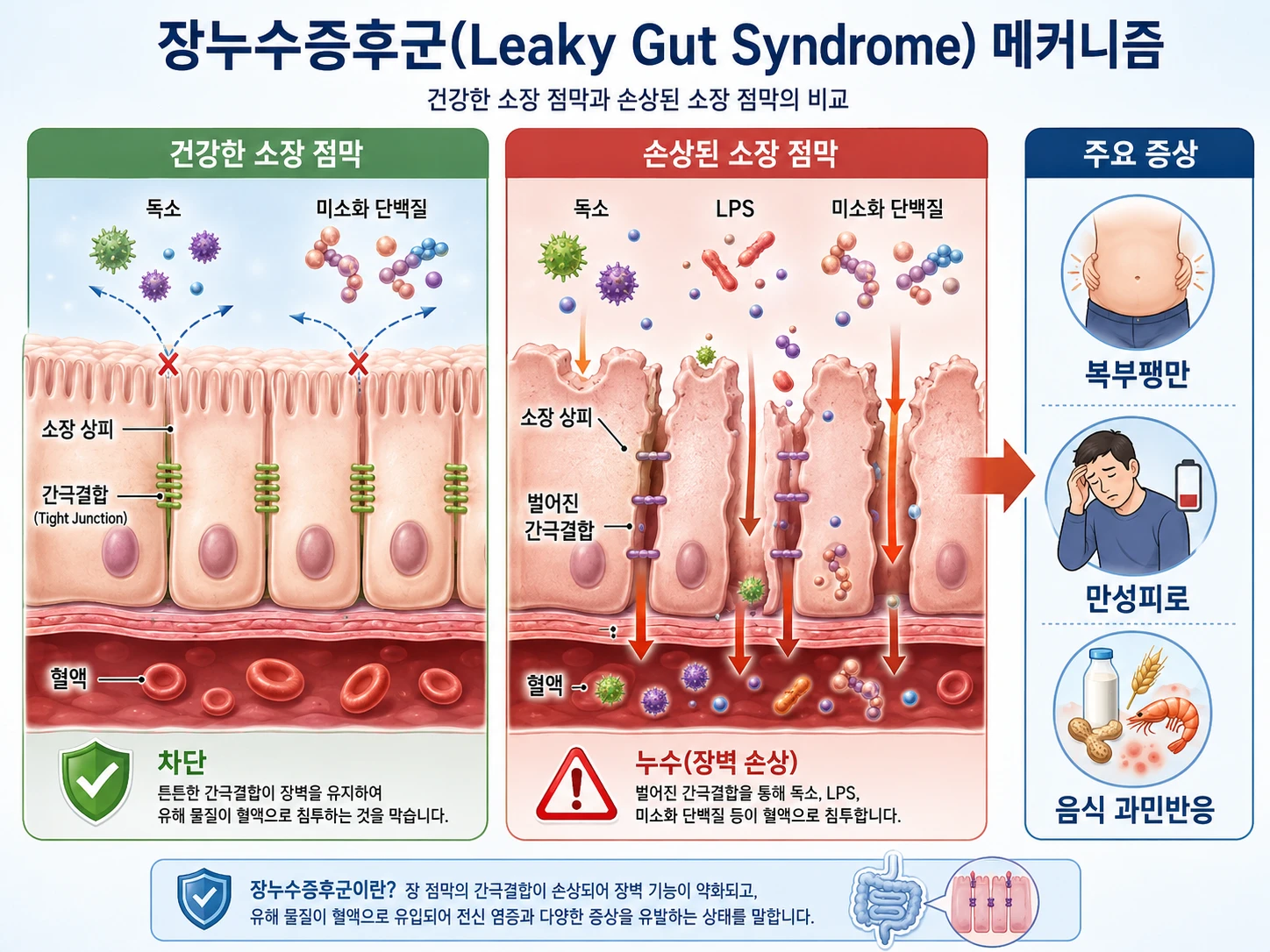 건강한 소장 점막과 장누수증후군으로 손상된 소장 점막을 비교한 의학 인포그래픽. 간극결합 손상, 독소·LPS 혈액 유입, 복부팽만·만성피로·음식 과민반응 증상 표시.