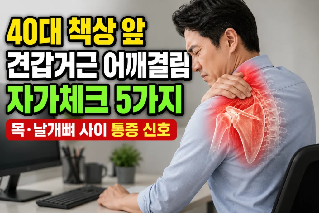 40대 책상 앞 견갑거근 어깨결림 자가체크 5가지 — 목·날개뼈 사이 통증 신호