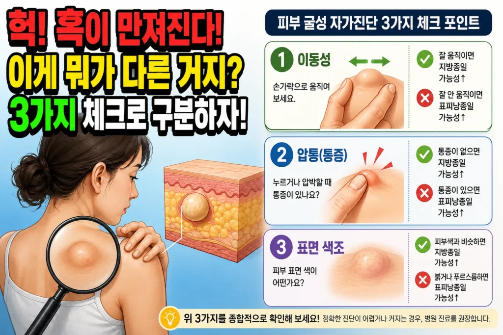 지방종 vs 표피낭종 — 피하 덩어리 이동성·압통·표면 색조로 비교하는 3가지 자가감별법