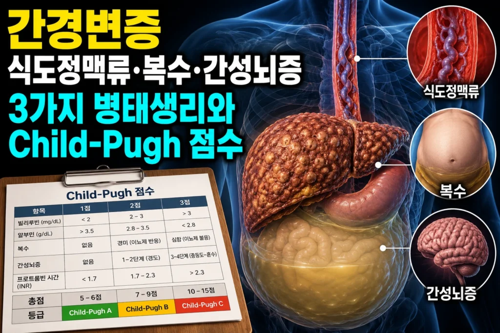 간경변증 — 식도정맥류·복수·간성뇌증 3가지 병태생리와 Child-Pugh 점수