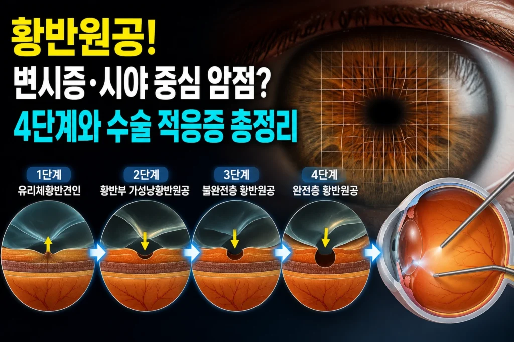 황반원공(macular hole) — 변시증·시야 중심 암점이 유리체황반견인에서 완전층원공으로 진행하는 4단계와 유리체절제술 적응증