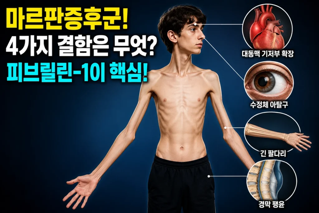 마르판증후군 — 대동맥 기저부 확장·수정체 아탈구·긴팔다리·경막 팽윤 4가지 피브릴린-1 결함 유형