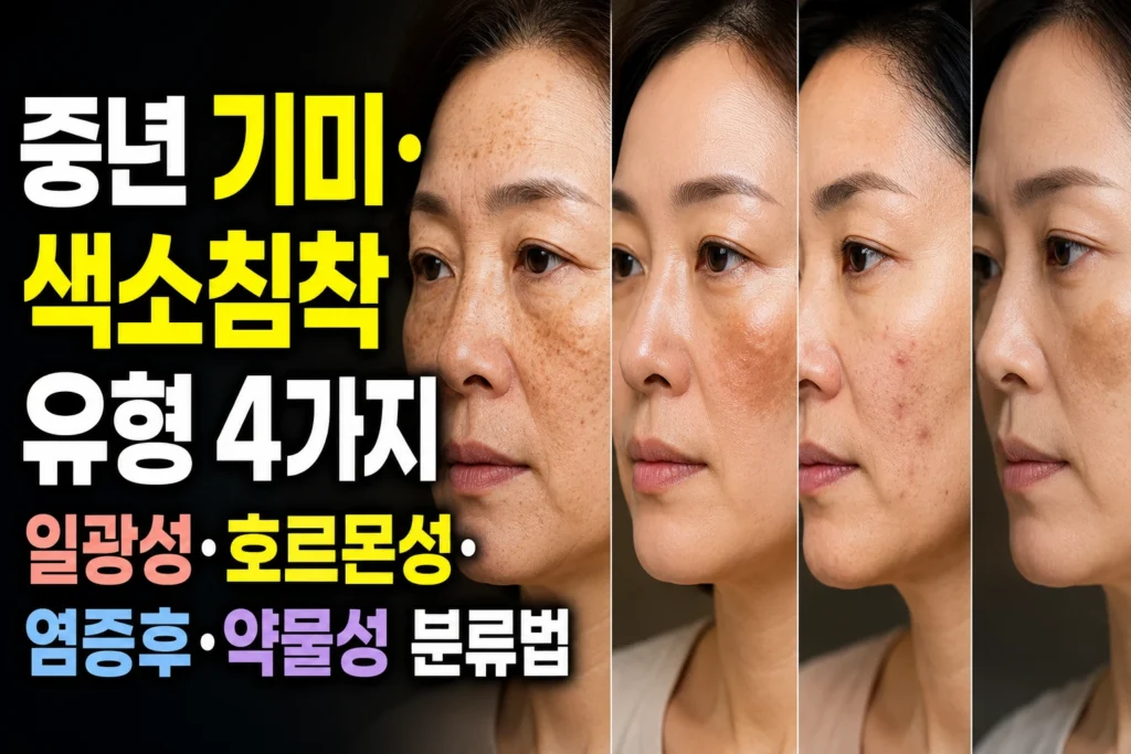 중년 기미·색소침착 유형 4가지 — 일광성·호르몬성·염증후·약물성 분류법