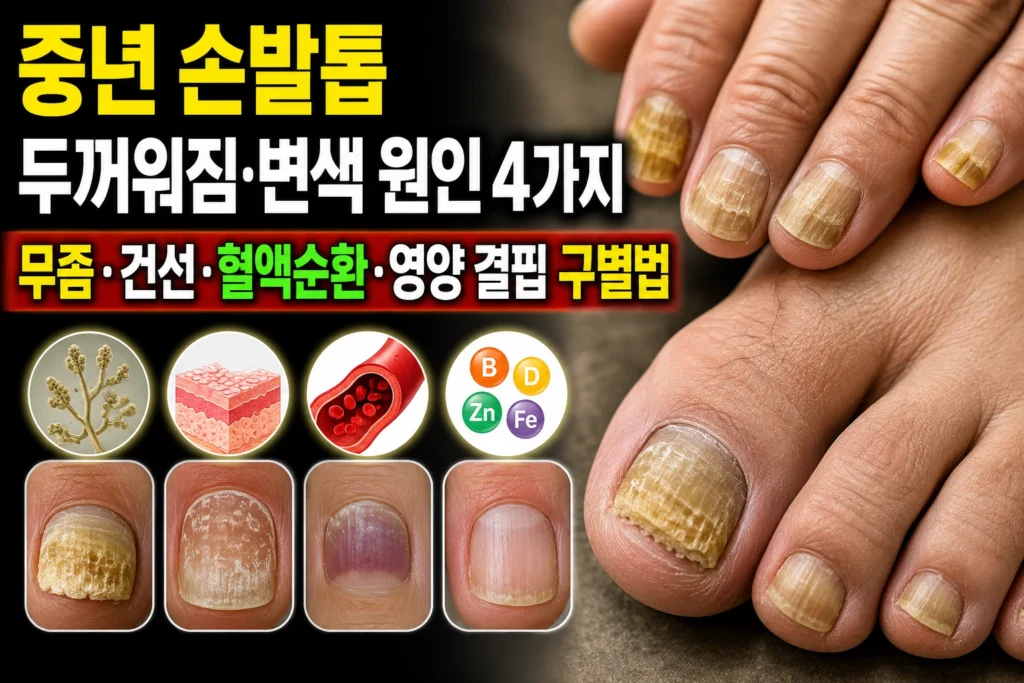 중년 손발톱 두꺼워짐·변색 원인 4가지 — 무좀·건선·혈액순환·영양 결핍 구별법