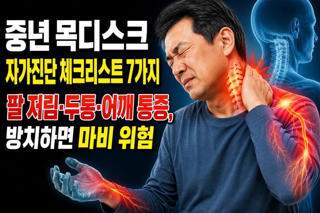 중년 목디스크 자가진단 체크리스트 7가지 — 팔 저림·두통·어깨 통증, 방치하면 마비 위험
