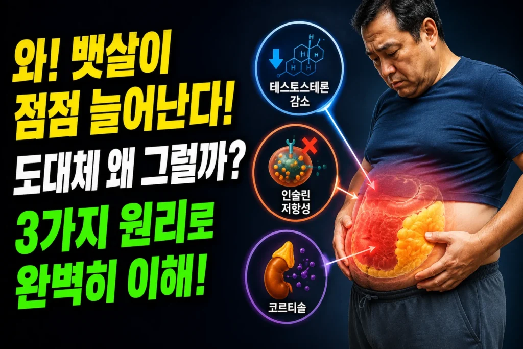 중년 남성 뱃살이 늘어나는 3가지 이유 — 테스토스테론 감소·인슐린저항성·코르티솔이 내장지방을 쌓는 원리